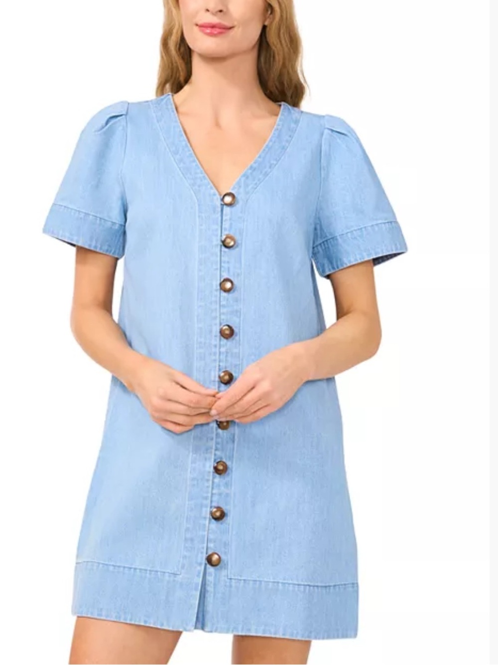 CeCe Button Front V-neck Denim Dress